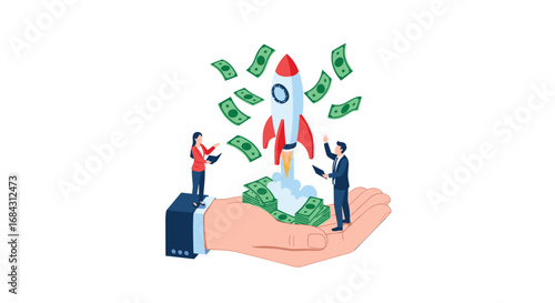 Business growth success with rocket launch, money rain, and team collaboration on hand