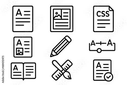 Publishing and editorial line icon set. Vector symbols for content creation, articles, writing, and graphic design. Thin line icons for layout, typography, CSS, and editing.