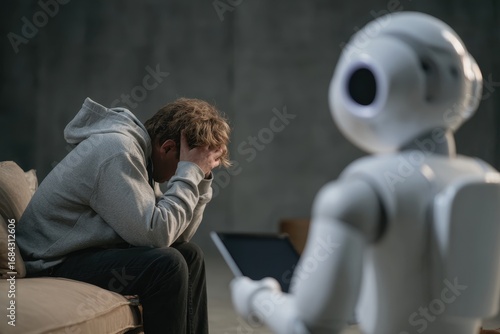 A robot designed like a psychologist chats with a depressed patient, showcasing the fusion of psychology and AI.