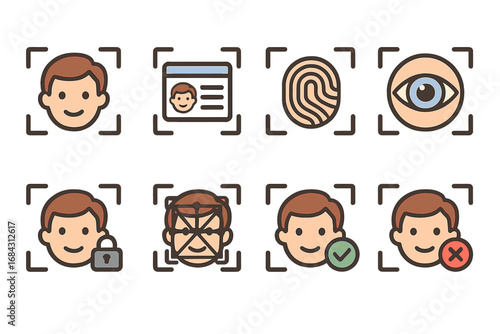 Recognition and identification icon set for biometric security. Face scan, fingerprint, eye retina scanner, personal ID card. Vector symbols for access, verification, authentication.