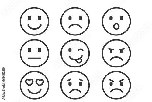 Simple line art emoji faces set with happy, sad, surprised, neutral, playful, angry, and love emotions, vector cartoon illustration with transparent background, ordered expressive collection