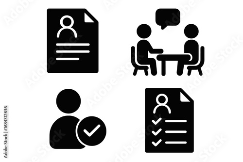 Recruitment and hiring solid icon set. Job interview, approval, and application graphics. Human resources, candidate selection, resume, CV, and employment vector symbols.