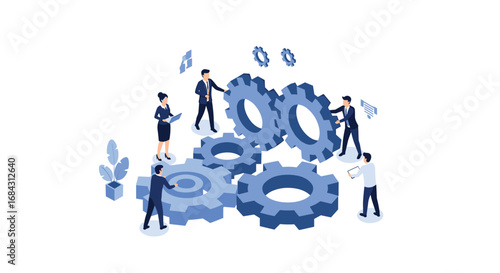 Teamwork drives success building complex systems with interconnected gears and strategic planning