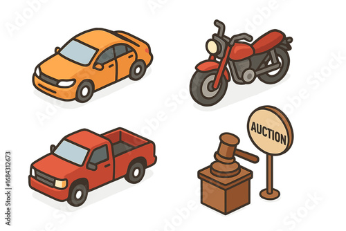 Vehicle Auction Icon Set. Isometric vector illustration of car, motorcycle, pickup truck for sale. Includes auction block, gavel, and sign for bidding and auto sales concepts.