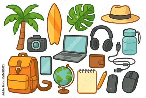 Digital nomad essentials for remote work and travel. Vector icon set with laptop, backpack, and surfboard. Freelance lifestyle and vacation items in a tropical setting.