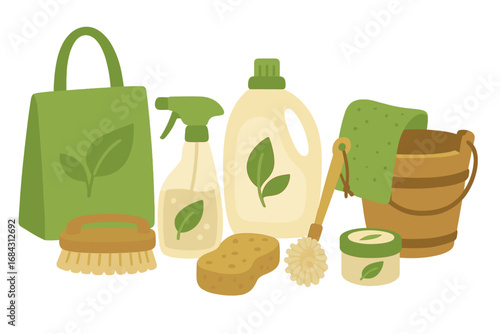 Eco-friendly cleaning supplies set for sustainable household. Green cleaning concept with natural products. Zero waste lifestyle. Vector cartoon illustration isolated on white.