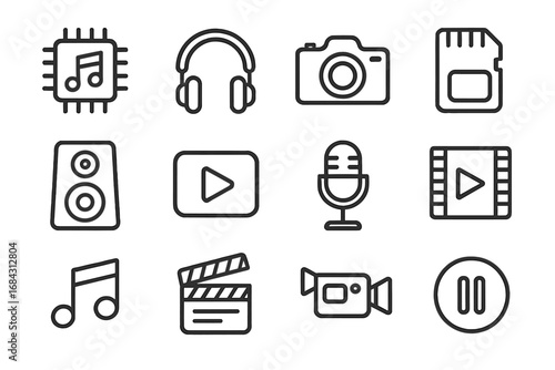 Sound and Video Line Icon Set, Modern Vector Collection for Design, Websites, Apps, Cards, Includes Linear Chip, Headphones, Camera, Memory Card, Microphone, Music, Video Symbols