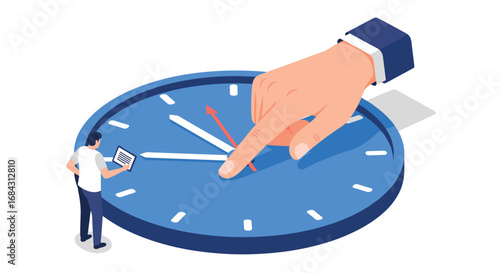 Businessman adjusts giant clock hands, managing time and deadlines with focus and precision