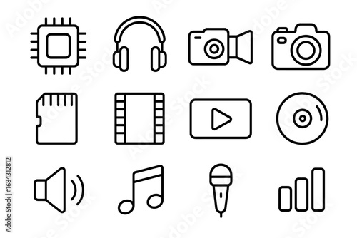 Sound and Video Line Icon Set, Modern Linear Illustrations of Technology, Media Devices, Chip, Headphones, Camera, Memory Card, Music, Microphone, Play Button, Vector Cartoon for Web, Apps, Cards