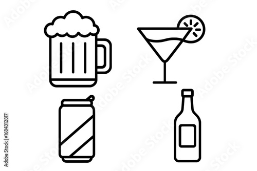 Drink and beverage icon set. Simple linear outline graphic illustration. Alcohol, beer mug, cocktail, soda can, bottle symbols. For bar menu, party, web design, app.