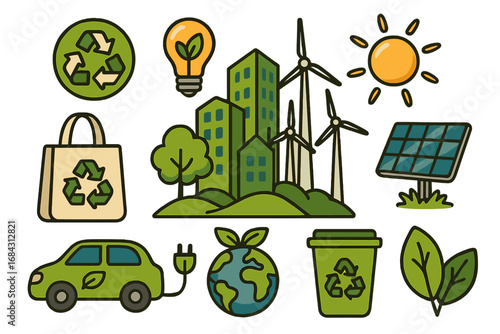 Set of eco friendly icons. Green energy concept. Sustainability and renewable energy. Solar panel, wind turbine. Recycling symbol. Electric car. Vector illustration ecology.