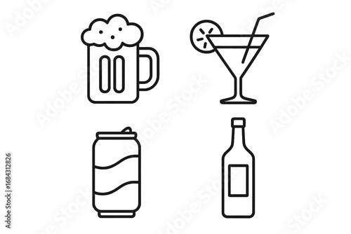 Drink and beverage line icon set. Vector collection of simple outline symbols for alcohol, beer mug, cocktail, soda can and bottle. Minimalist linear graphic for bar menu.