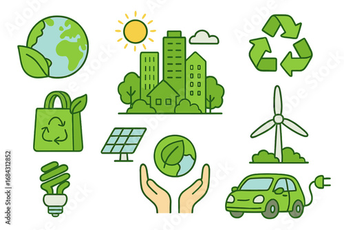 Eco friendly icon set with sustainability concepts. Green energy, recycling, and environment protection symbols. Vector illustration of solar panel, wind turbine, electric car.