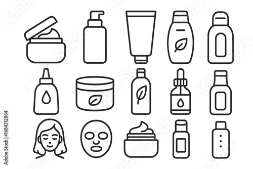 Skincare beauty outline icon set. Cosmetic products line art. Vector icons for cosmetology, dermatology, spa. Cream, lotion, serum, oil bottle, tube, face mask pictogram.