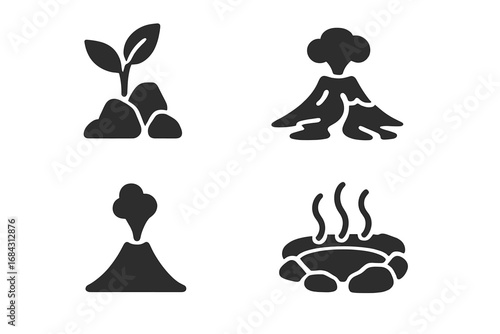 Volcanic ecology solid icon set. Pioneer plant on lava rock, volcano eruption, geothermal hot spring, and fumarole vent. Nature geology vector glyph symbol pictogram collection.