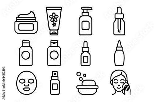 Skin care and beauty outline icon set. Vector collection of cosmetic products for face cleansing routine. Cream, serum, lotion, soap, spray and face mask line art symbols.