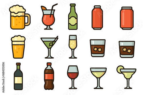Vector drink and beverage icon set. Collection of alcohol and soft drink symbols like beer, wine, cocktail, martini, whiskey, and soda. Flat cartoon outline style for bar menu.