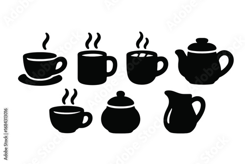 Warm beverage icons. Solid filled icon set. Hot drinks, tea cup, coffee mug, hot chocolate, teapot, sugar bowl, milk jug. Vector cartoon glyph, pictogram silhouette for cafe.