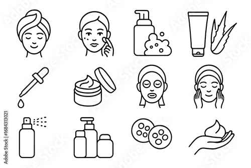 Skincare cosmetics outline icon set. Beauty treatment, face care routine linear collection. Dermatology symbols for cream, serum, facial mask, cleanser, acne, aloe vera, spa. Vector.