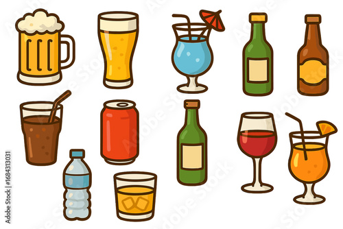 Drinks and beverages icon collection. Vector cartoon set of alcohol and soft drinks. Includes beer, wine, cocktail, juice, soda, water, whiskey. Bar menu graphic elements.