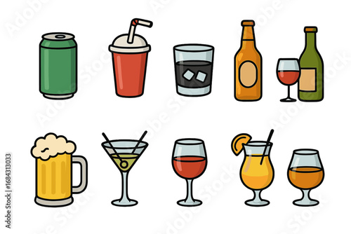 Vector drink icon set. Alcohol and soft drink collection. Beer, wine, cocktail, whiskey, soda, martini icons. Flat cartoon illustration for bar menu, party, web, app design.