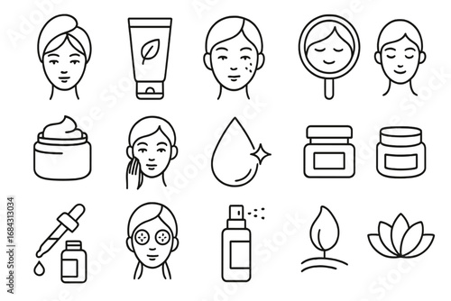 Skincare and beauty line icon set. Cosmetic and wellness icons linear collection. Face care, spa, treatment, and dermatology routine vector pictograms. Editable stroke.