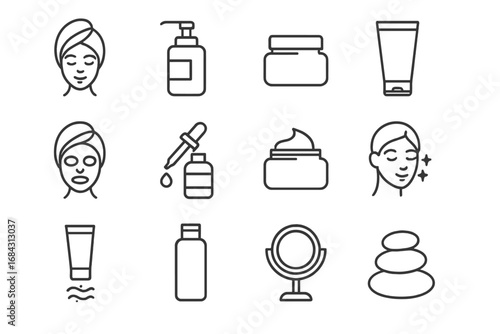 Skincare beauty line icon set. Cosmetic wellness routine. Face mask, cream, serum, lotion, oil. Spa treatment procedure. Dermatology cosmetology product. Vector pictogram.
