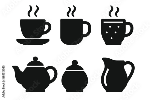 Coffee and tea icon set. Solid glyph pictograms for warm beverages. Black silhouette collection of coffee cup, tea mug, hot chocolate, teapot, sugar bowl, milk jug, creamer. Vector