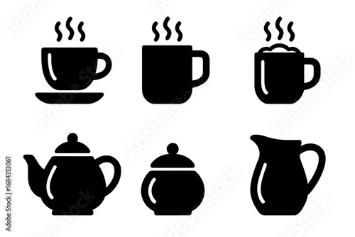 Coffee and tea icons set. Solid glyph symbols of hot beverages like espresso, cappuccino, and hot chocolate. Vector silhouette of mug, teapot, sugar bowl, and creamer for cafe menu.
