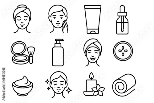 Skincare and beauty line icon set. Cosmetic and wellness symbols collection. Vector illustration of spa, face treatment, cream, serum, lotion and makeup outline icons.