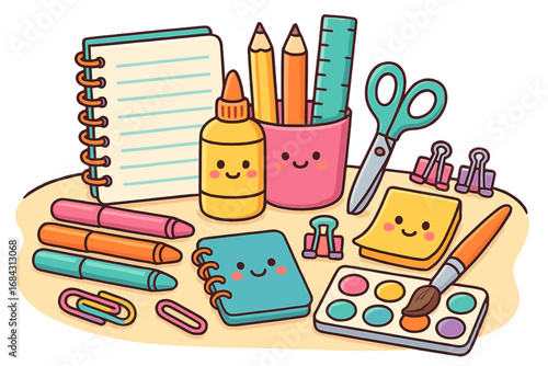 Kawaii stationery characters. Cute school supplies for back to school. Art and craft tools. Office equipment cartoon set. Vector illustration for kids education and creativity.
