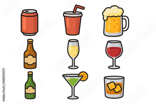 Vector drink and alcohol icon set. Beverage collection with beer, wine, cocktail, soda, whiskey. Cartoon outline illustration for bar menu, party, web and app design.