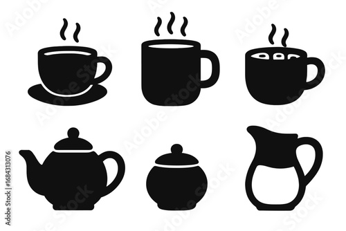 Warm beverage icons. Solid filled icon set of hot drinks. Tea cup, coffee mug, hot chocolate with marshmallow, teapot, sugar bowl, milk jug. Vector glyph pictogram design.