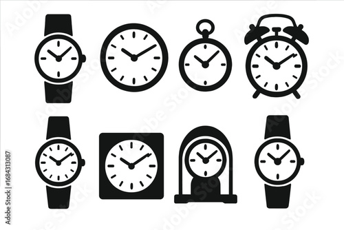 Watch and clock silhouette icon set. Vector collection of timepieces like wristwatches, alarm clock, and pocket watch. Flat minimalist design elements for web and print graphics.