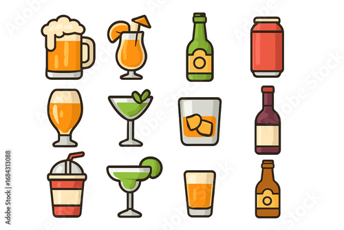 Drinks and beverages icon set. Alcohol, soft drinks, cocktails. Beer mug, wine bottle, whiskey glass, margarita, soda can icons for bar menu, party, web. Vector cartoon.