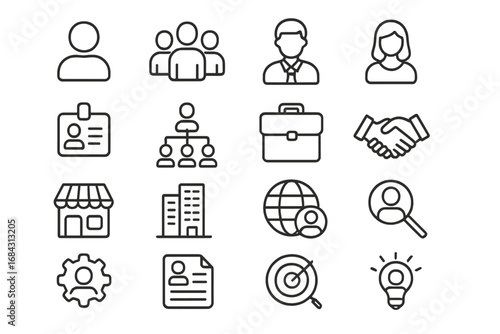 Business and staff icon set. Line icons for company, job, and human resources. Includes team, hierarchy, recruitment, resume, and handshake symbols. Editable stroke vector.