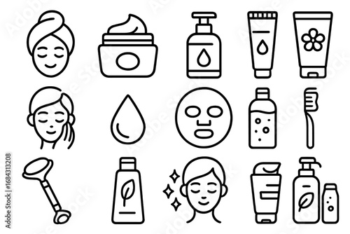 Skincare and beauty outline icon set. Cosmetics, wellness, hygiene vector symbols. Face cream, serum, lotion, facial mask, jade roller. Self-care routine for glowing skin.