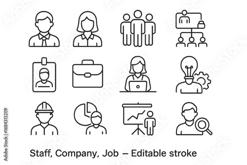 Business people line icon set. Staff, company, team, employee vector icons. Job, career, management concepts. Presentation, hierarchy, idea, recruitment, analysis signs.
