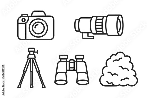 Wildlife photography gear outline icon set. Vector illustration of DSLR camera, telephoto lens, tripod, binoculars, and camouflage for nature observation, safari, or birdwatching.