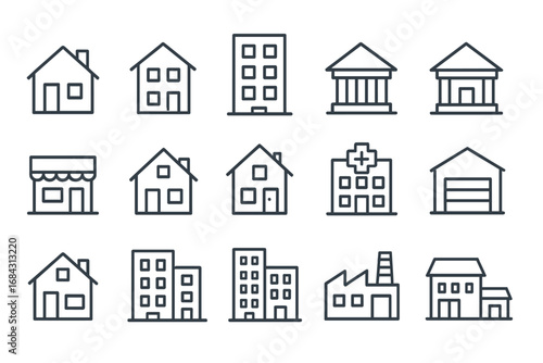 Various Houses and Constructions Line Icon Collection, Modern Linear Design for Websites, Apps, Cards Featuring Apartment Buildings, Banks, Houses, Factories, Shops, Hospitals, Garages and More