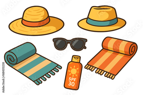 Essential beach accessories for summer vacation. Vector cartoon set with hats, towels, sunglasses, and sunscreen. Sun protection items collection for a travel holiday outing.