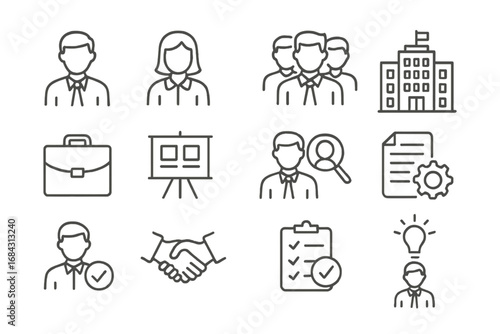 Corporate business and staff vector icon set. Human resources, recruitment, and job search concept. Outline icons for company management, career, teamwork, and presentation.