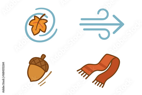 Windy autumn icon set. Flat design vector symbols. Fall season weather concept. Swirling leaf, gust of wind, blowing scarf, falling acorn. Cartoon illustration isolated.
