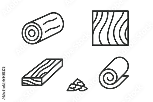 Wood products icon set. Timber industry outline icons. Log, lumber, plywood, veneer, wood chip. Forestry and woodworking simple linear vector symbols for graphic design.
