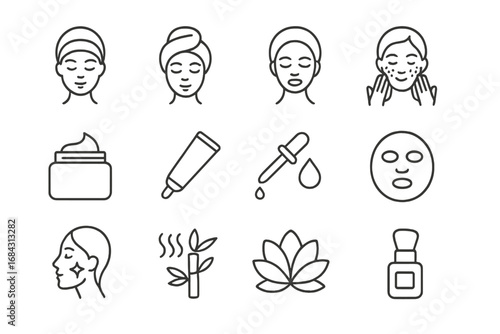 Skincare and beauty outline icon set. Facial, wellness, spa, cosmetic line icons. Vector collection for face care, cream, serum, mask, acne treatment, and dermatology symbols.