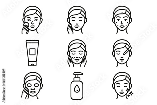 Skincare routine line icon set. Beauty and facial care treatment icons. Vector cartoon illustration of cosmetic procedures, cleansing, moisturizing, dermatology, and cosmetics.