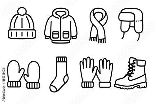 Winter Clothing Essentials in Minimalist Linear Style, Vector Cartoon Illustration with Transparent Background, Ordered Set of Warm Clothing Icons Including Hat, Coat, Scarf, Boots, Gloves