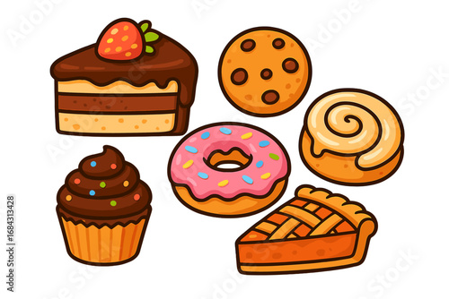 Set of cute cartoon baked goods icons. Colorful vector assortment of delicious dessert pastry: strawberry cake, chocolate chip cookie, donut, cupcake, pie, cinnamon roll.