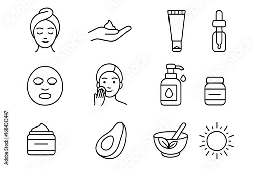 Skincare routine line icon set. Beauty, cosmetics, and wellness product symbols. Face care, cream, serum, lotion, oil, mask, and natural ingredient vector icons collection.