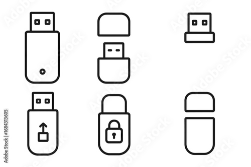 USB stick outline icon set. Flash drive and memory stick vector symbols. Data storage, transfer, and security lock icons. Connector, cap, and LED pictogram collection.